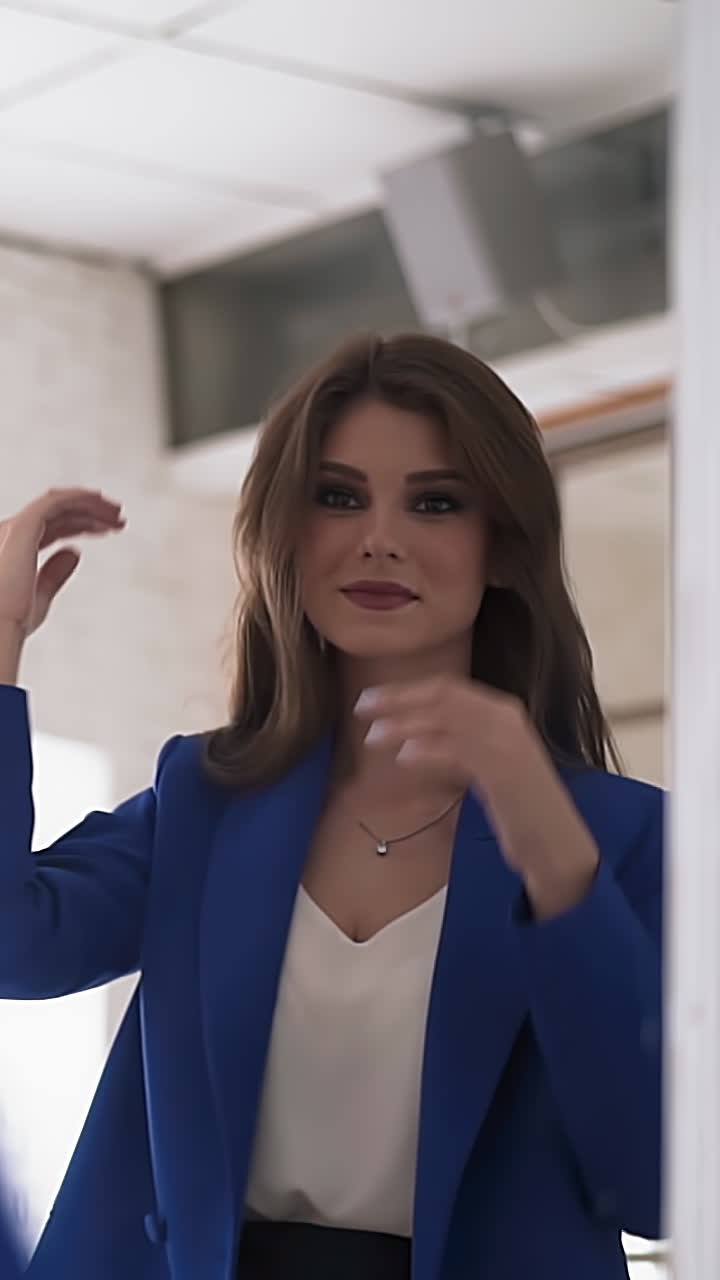 Positive young woman with festive makeup in blue jacket adjusts long hair looking at reflection in large mirror in light room at home closeup slow motion