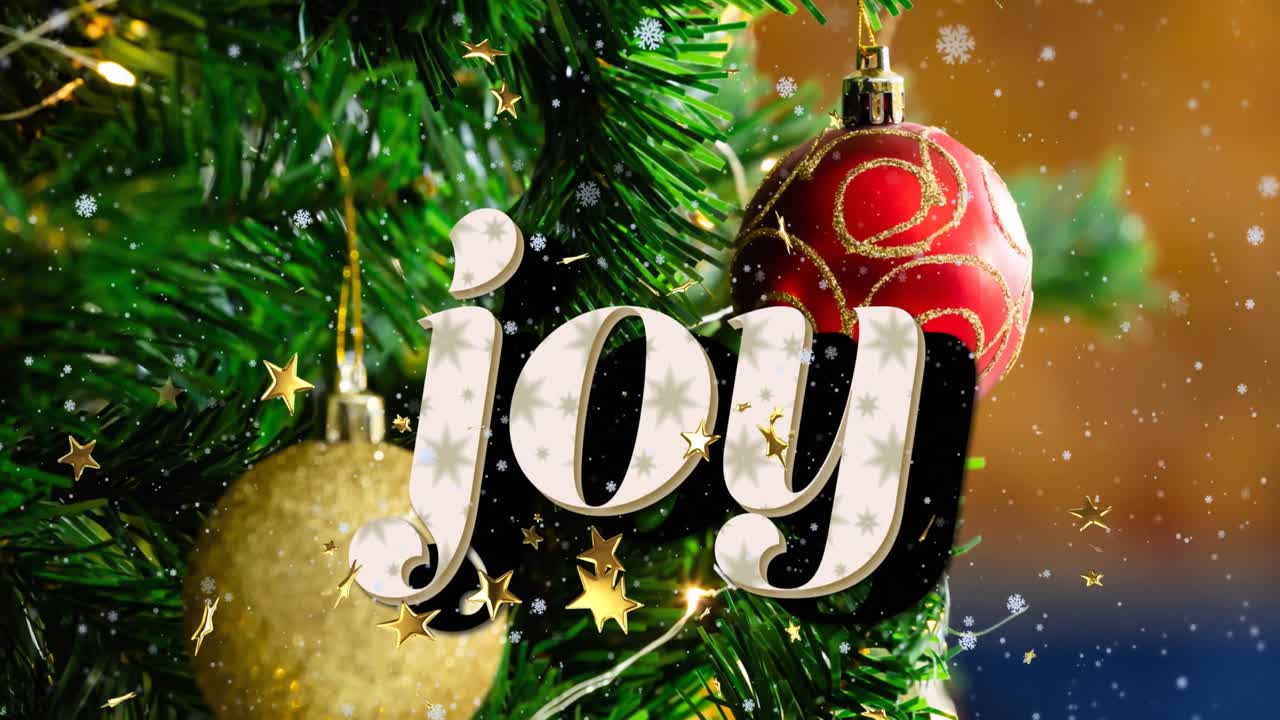 animación de texto de alegría sobre estrellas doradas y árbol de navidad.