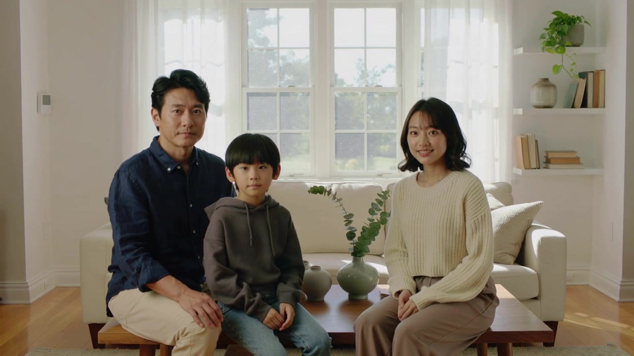 明るいリビングルームで、振り返って微笑む母親と、カメラに視線を向ける家族。窓と花瓶が映っている。
