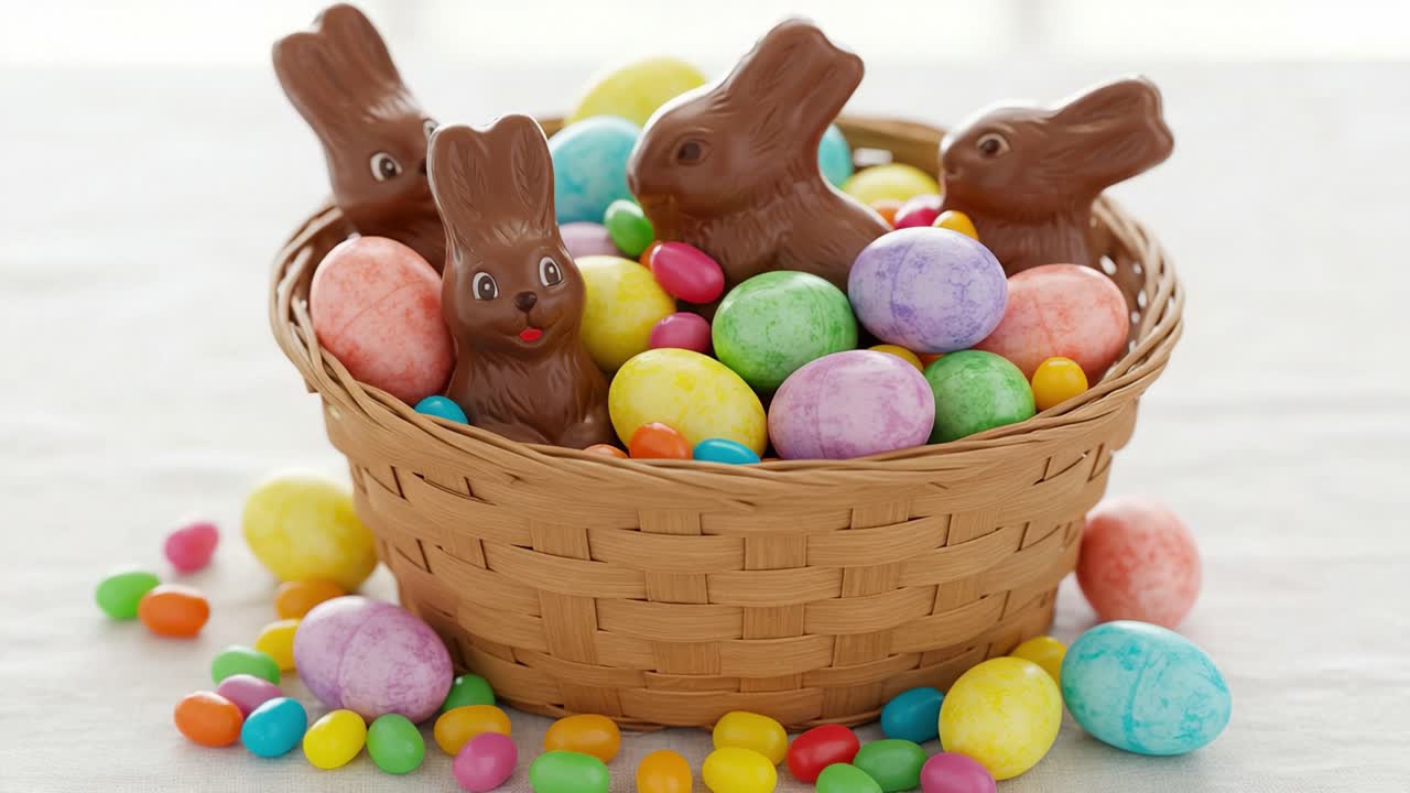 A Colorful Display of Chocolate Bunnies and Easter Eggs in a Woven Basket, Celebrating the Joy of Springtime and Festive Traditions with Vibrant Candy Treats