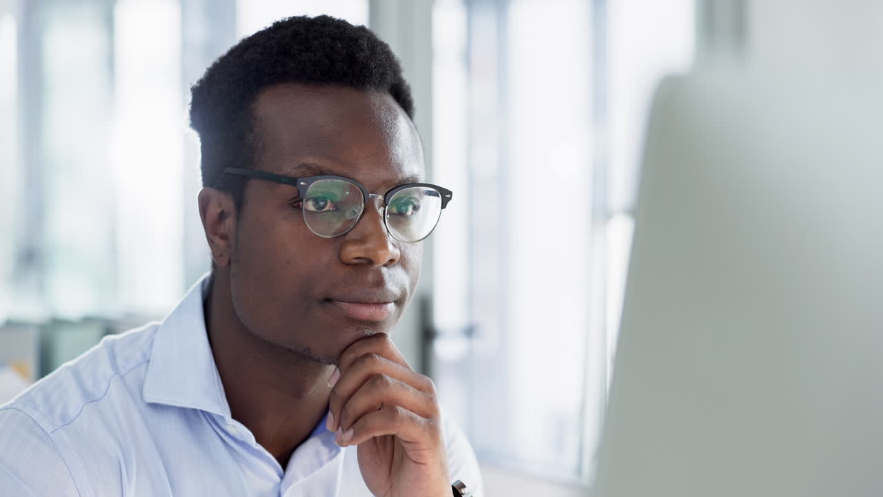 Business man, computer and thinking in office