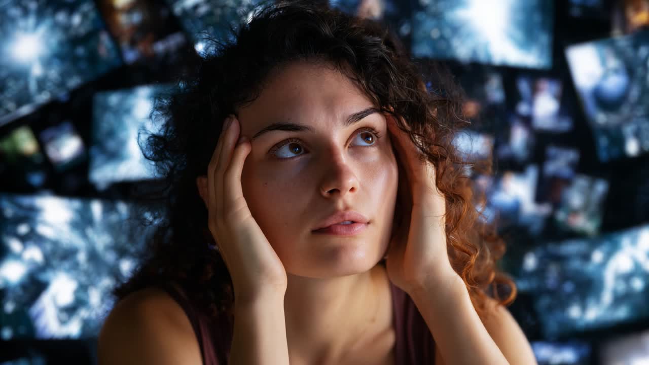 A Thoughtful Moment: A Pensive Young Woman Deep in Contemplation Surrounded by a Collage of Images, Reflecting on Memories, Choices, and Emotions Amidst a Chaotic Background of Visuals