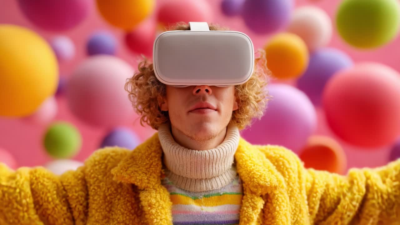 A Young Person Wearing a Virtual Reality Headset Immersed in a Vibrant and Colorful Abstract Environment Filled with Multicolored Spheres and Soft Pastel Backgrounds, Representing Modern Technology and Digital Experience