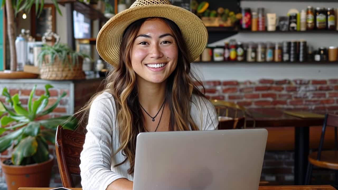 A happy young woman in a hat working on a laptop in a cafe