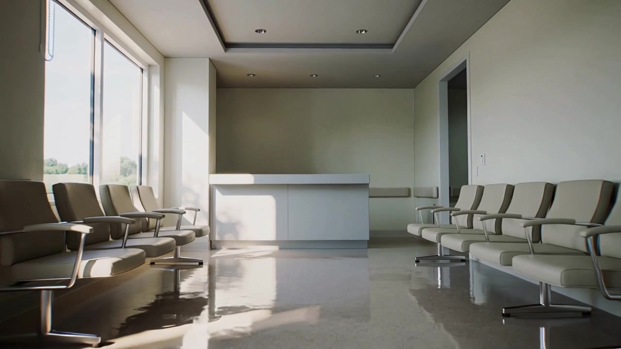 La telecamera si allontana, rivelando un bancone bianco nella hall della clinica per mostrare le sedie della sala d'attesa che si riflettono.