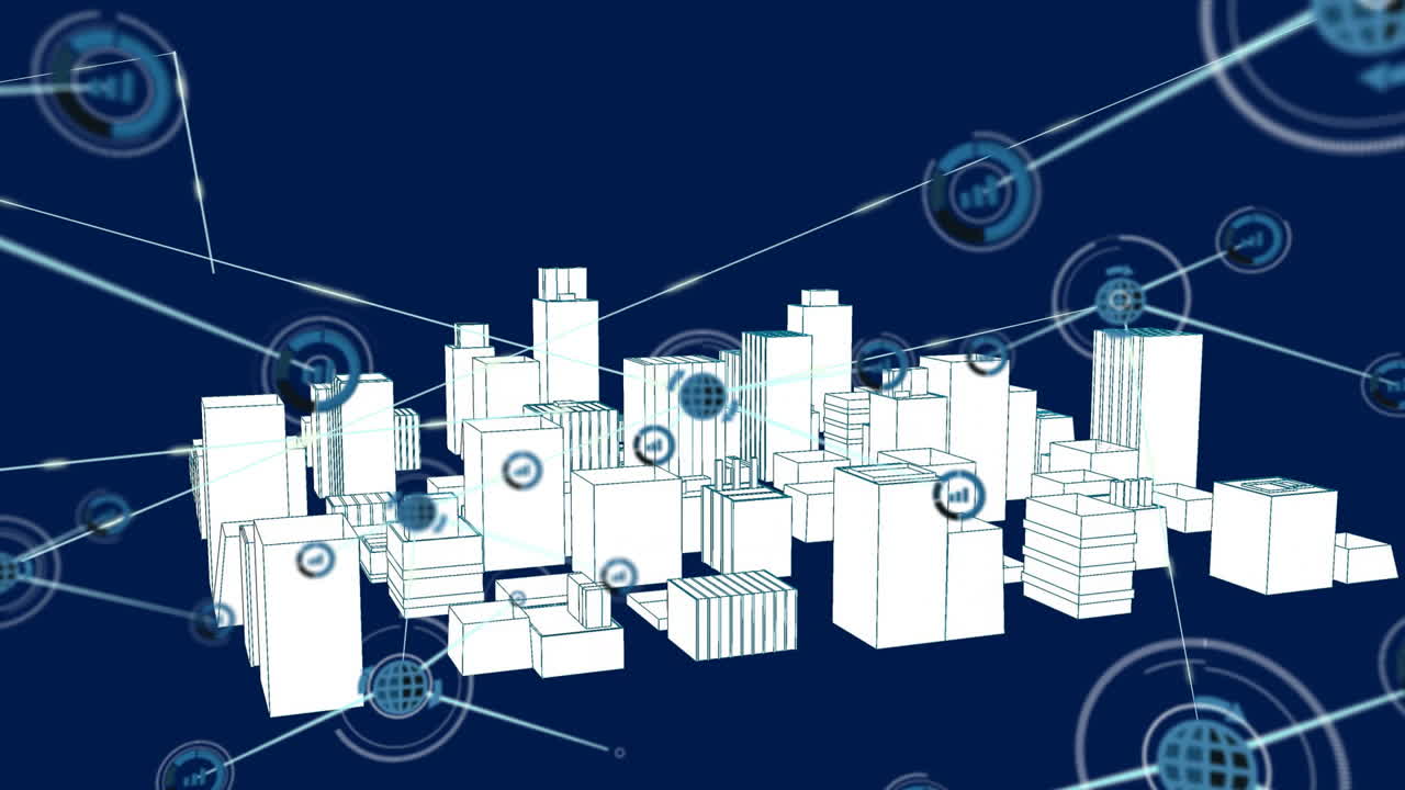 animación de la red de conexiones con iconos sobre el modelo 3d de la ciudad