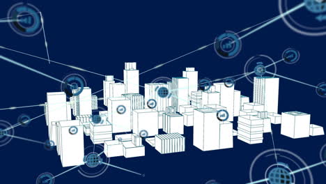 animación de la red de conexiones con iconos sobre el modelo 3d de la ciudad