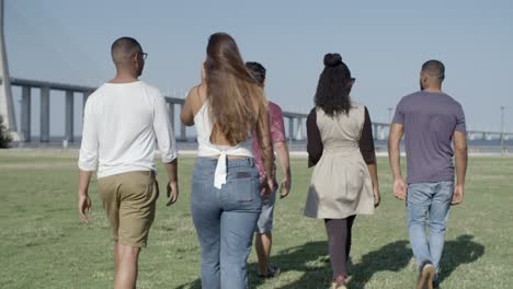 Back-view-of-young-people-strolling-on-green-meadow.