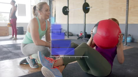 animation of diagram over diverse women exercising at gym