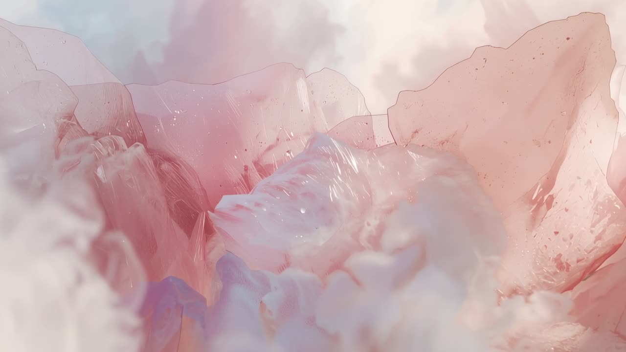 Shifting white plume swelling and exposing pink petals with inward studio closeup move, with specks