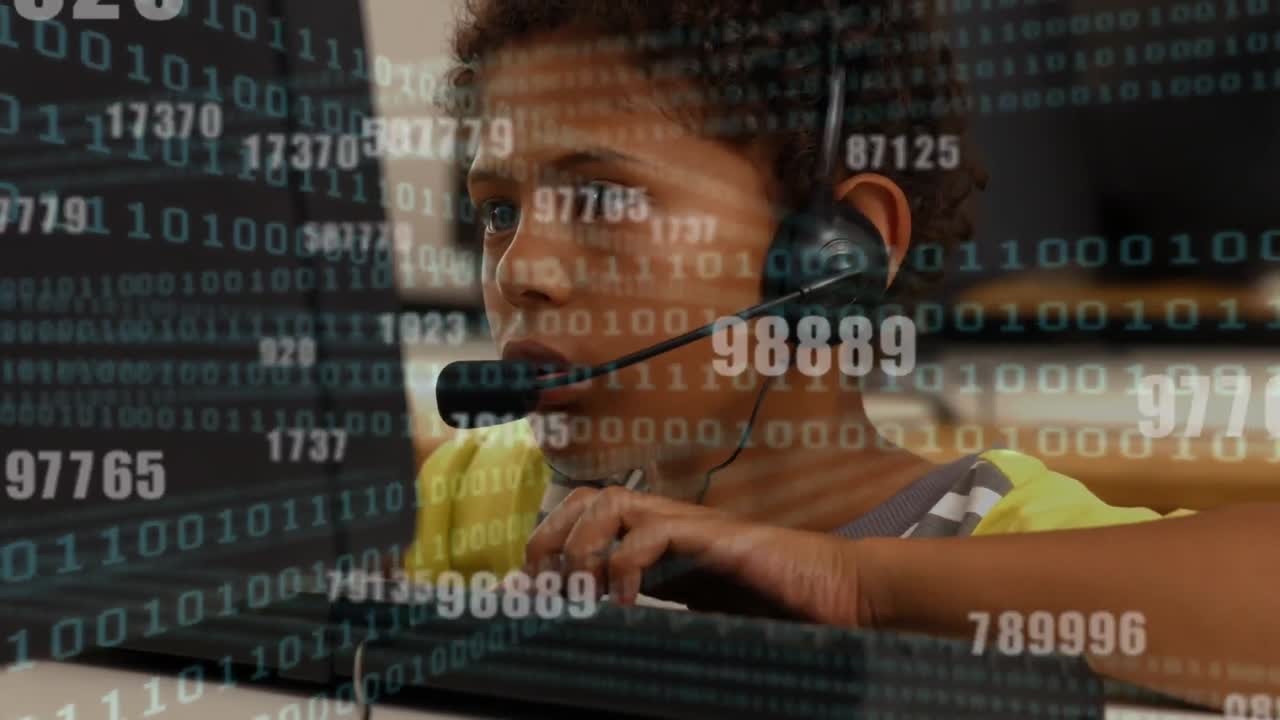 Binary coding data processing against boy wearing phone headset using computer
