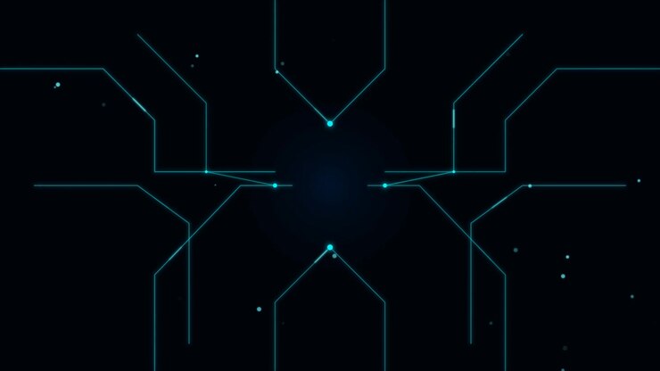 Linee di circuito digitale astratte e particelle luminose su sfondo scuro