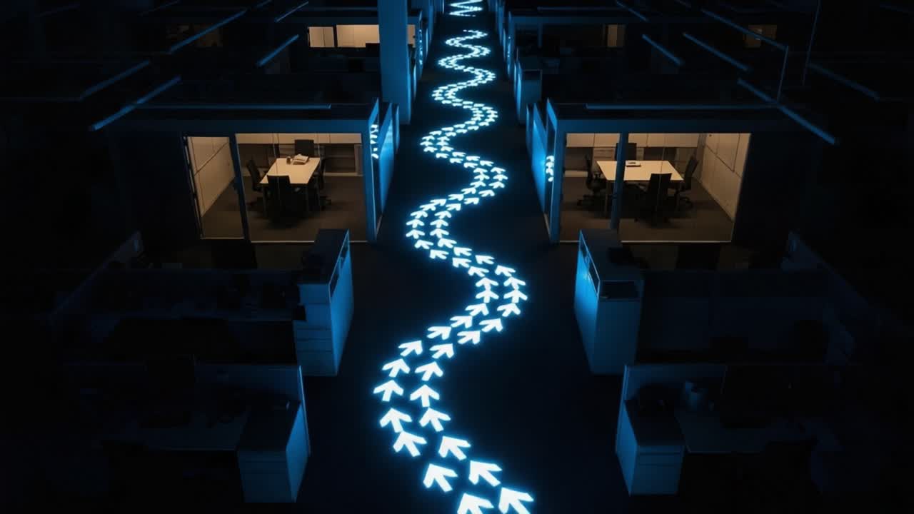 Illuminated Path of Directional Arrows Guides Through Office Space with a Serpentine Design, Creating a Unique Visual Experience in a Dimly Lit Environment