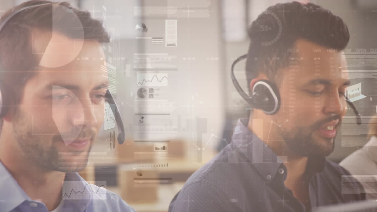 animación de estadísticas y procesamiento de datos sobre personas de negocios que llevan auriculares de teléfono