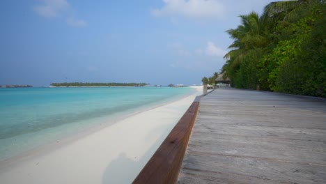 tropical beach with raised wooden walkway next to green trees along ocean