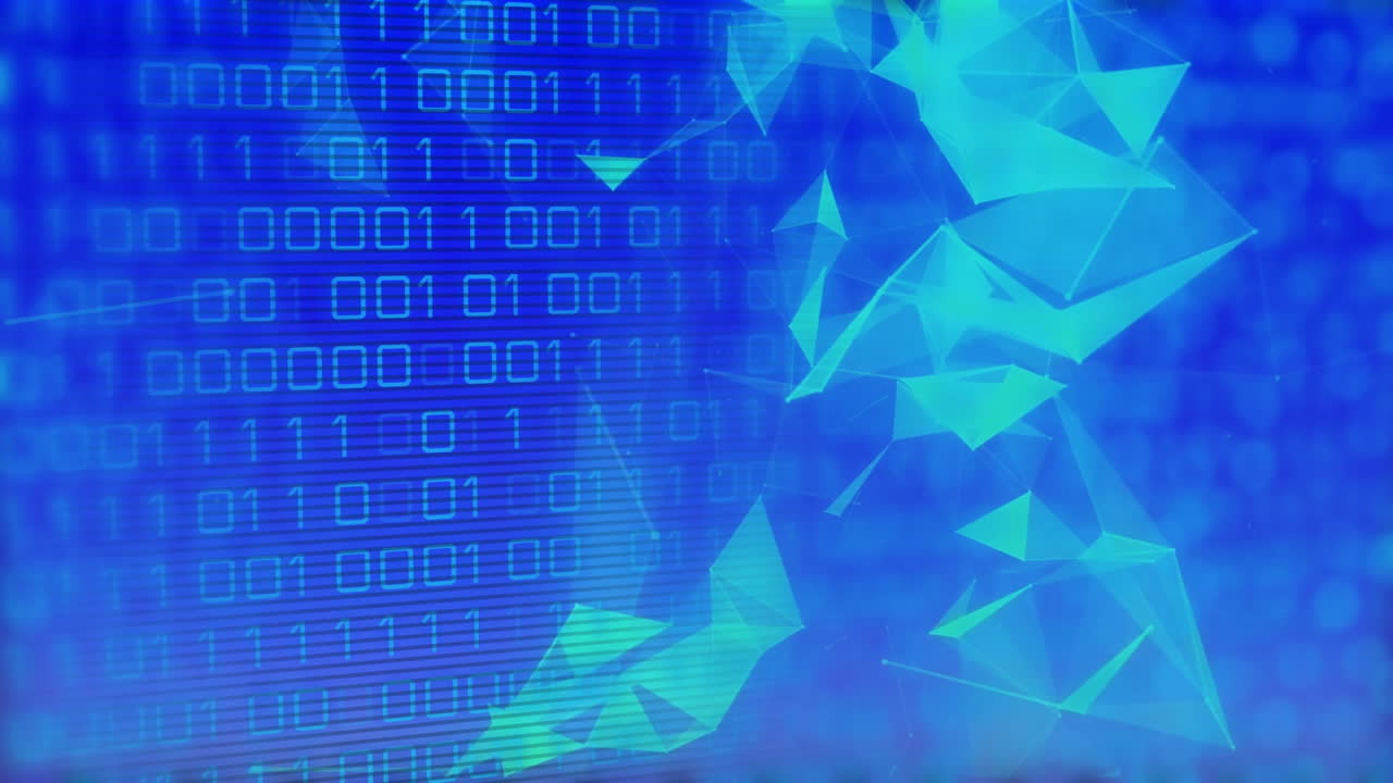 código binario y formas geométricas, animación de procesamiento de datos digitales