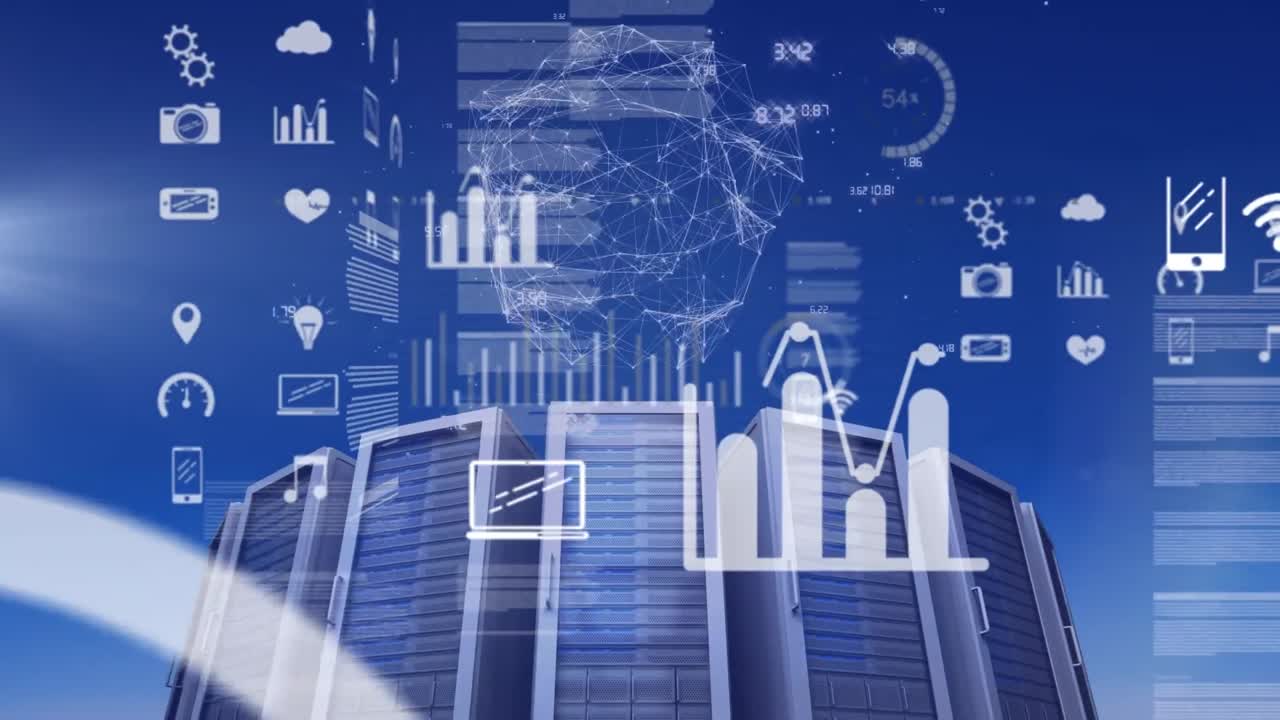 Animation of interface with data processing, globe of network of connections and computer servers