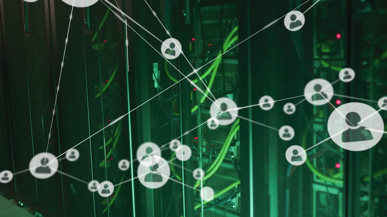 Network of connections and data processing animation over server room equipment