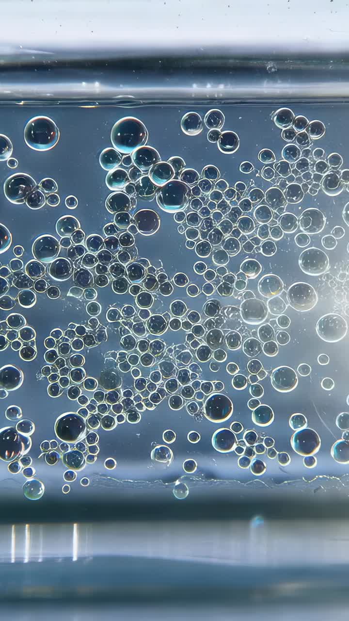 Video verticale: bolle in aumento che si raggruppano in un liquido denso in laboratorio, la galleggiabilità le sposta, luce intensa