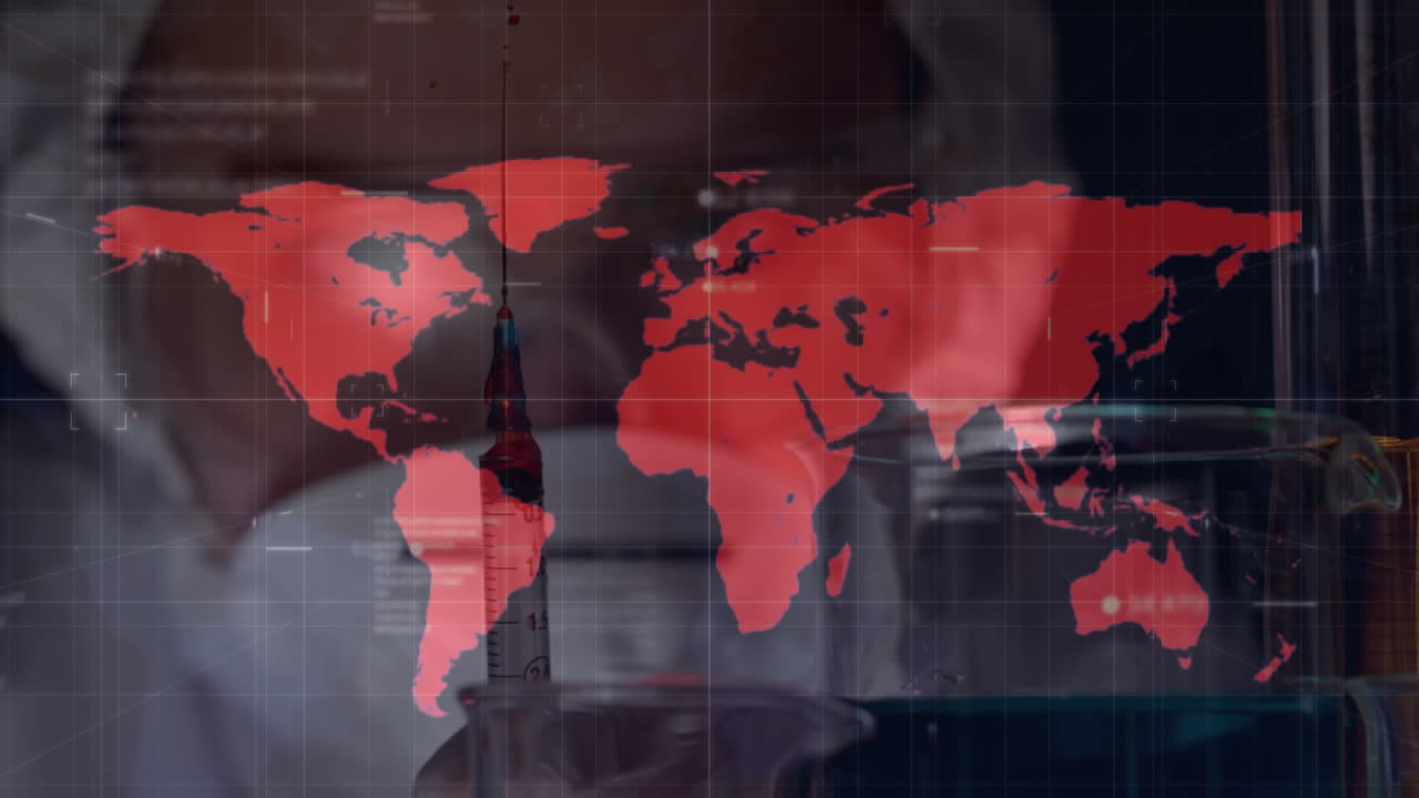 얼굴 마스크를 입은 과학자 위에 세계 지도의 애니메이션