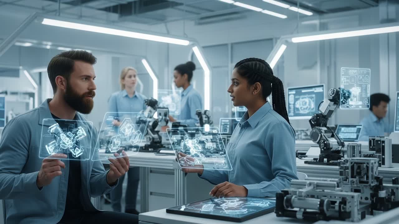 A collaborative work environment where two professionals engage in a discussion while analyzing advanced holographic displays of machinery in a modern lab setting