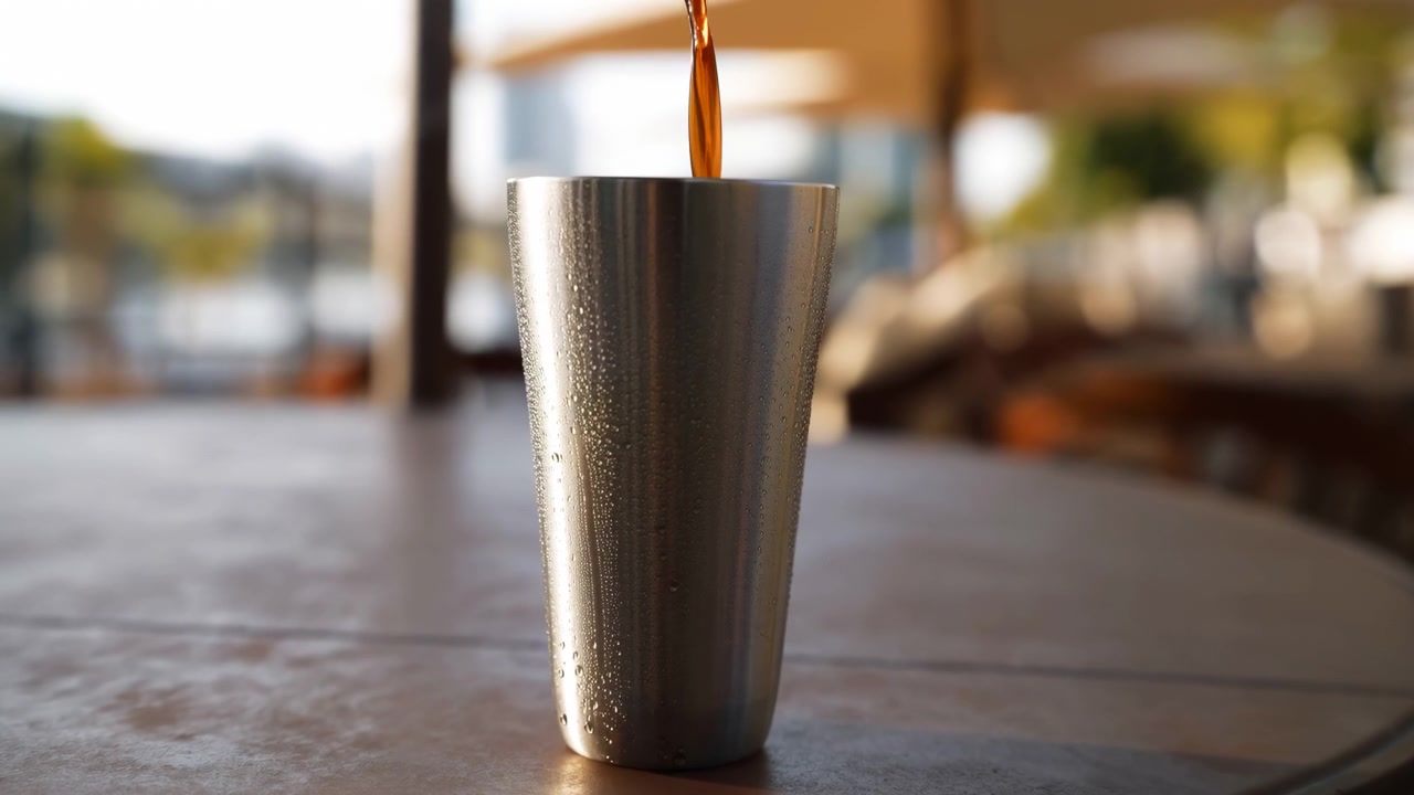 Un bicchiere di metallo spazzolato si trova su un tavolo rotondo in primo piano, con un'ambientazione di caffè all'aperto leggermente sfocata dietro di esso. La calda luce del sole crea delicati riflessi sulla tazza e uno sfondo bokeh calmo.