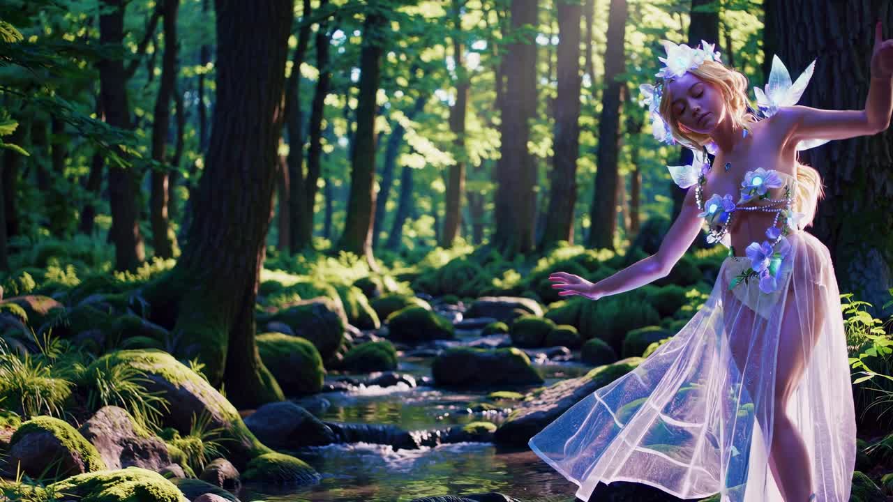 Fermo immagine di un video a tema fantasy di una donna in abito etereo, in piedi in una foresta illuminata dal sole.