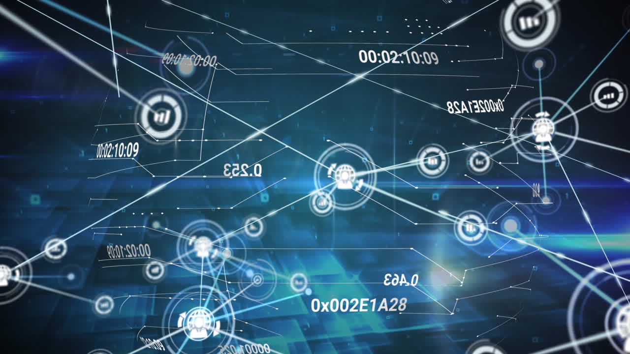 animación de iconos conectados, cambiando números sobre líneas que forman un globo contra un fondo abstracto