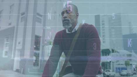 animation of graphs, letters, changing numbers, senior african american man riding bicycle in city