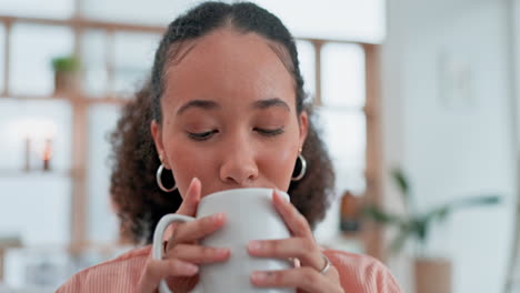 Woman,-drink-and-relax-with-coffee-in-morning