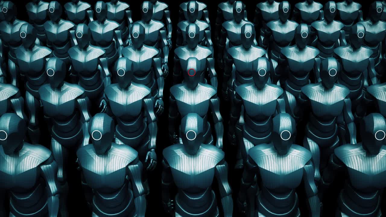 un ejército de robots guerreros caminando lentamente. invadiendo la tierra. concepto abstracto.