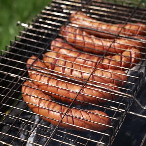 roast wiener on a barbecue grill on charcoal. cook turns over hot grilled sausages with a food tong in the garden in summer. delicious food for a picnic