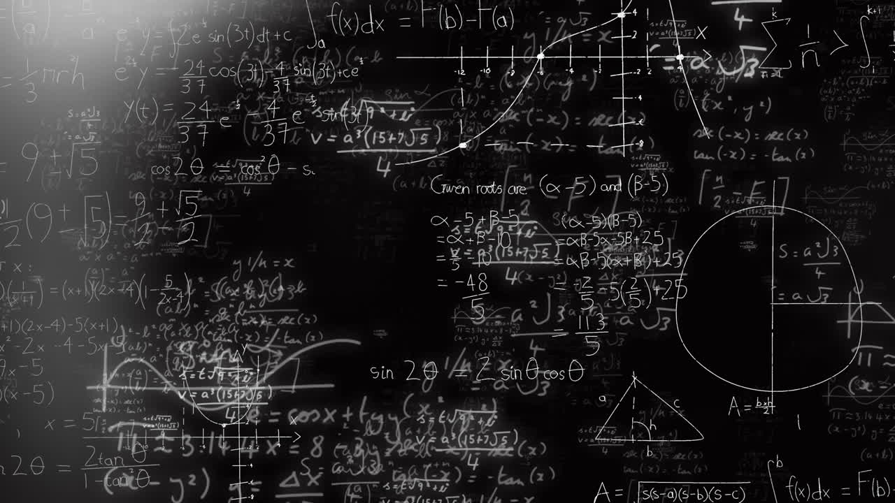 animación de puntos de luz sobre ecuaciones y fórmulas matemáticas contra un fondo negro