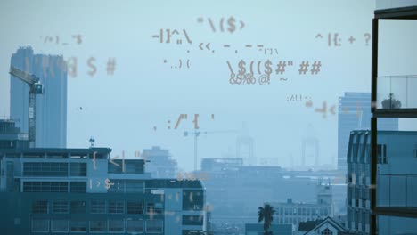 Animation-of-multiple-looping-symbols-over-buildings-and-drone-flying-against-clear-sky