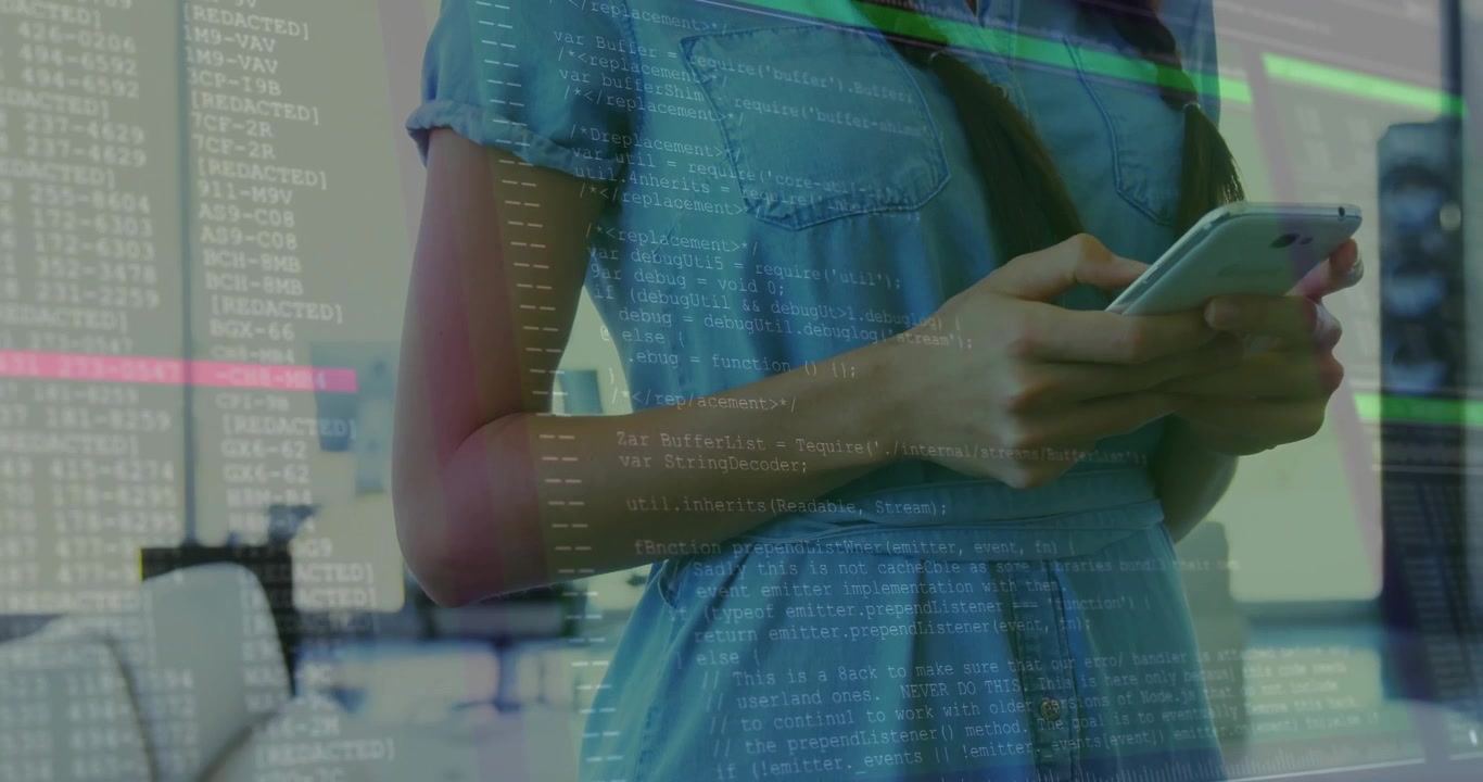 Professional woman tapping smartphone initiating scrolling code overlay deepening for tech insight