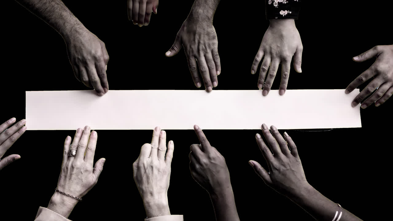 Diverse hands reaching unity animated overlay, transparent 4K video, alpha channel, ProRes 4444