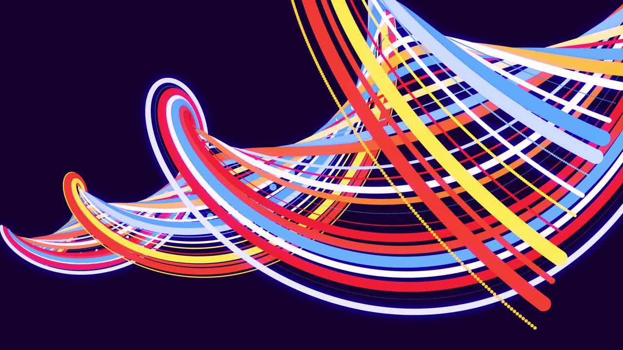 abstract bg con partículas y líneas multicolores retorcidas en espirales giran cíclicamente. animación en bucle como fondo de diseño de movimiento de líneas y partículas curvas. hermosas cintas. luma matte