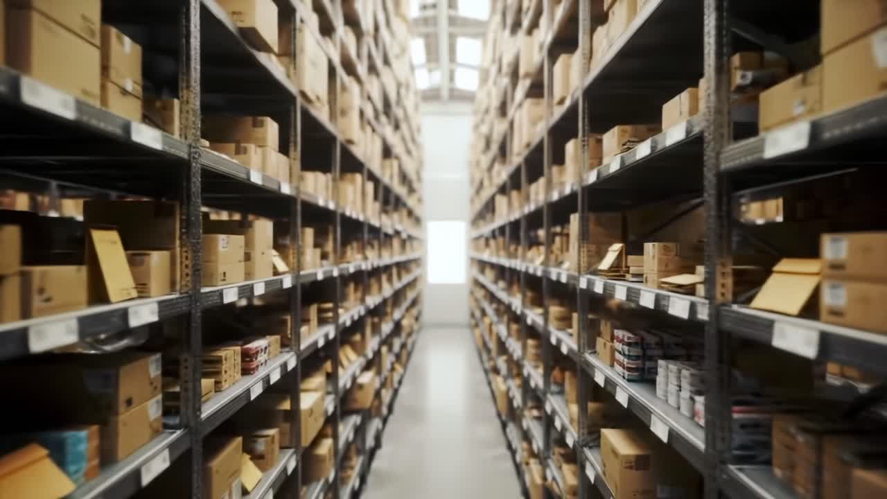 A Vast Warehouse Aisle Filled with Neatly Organized Boxes and Packages, Showcasing the Complexities of Modern Inventory Management and Storage Solutions