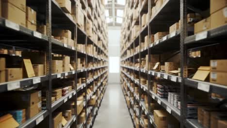 a vast warehouse aisle filled with neatly organized boxes and packages, showcasing the complexities of modern inventory management and storage solutions