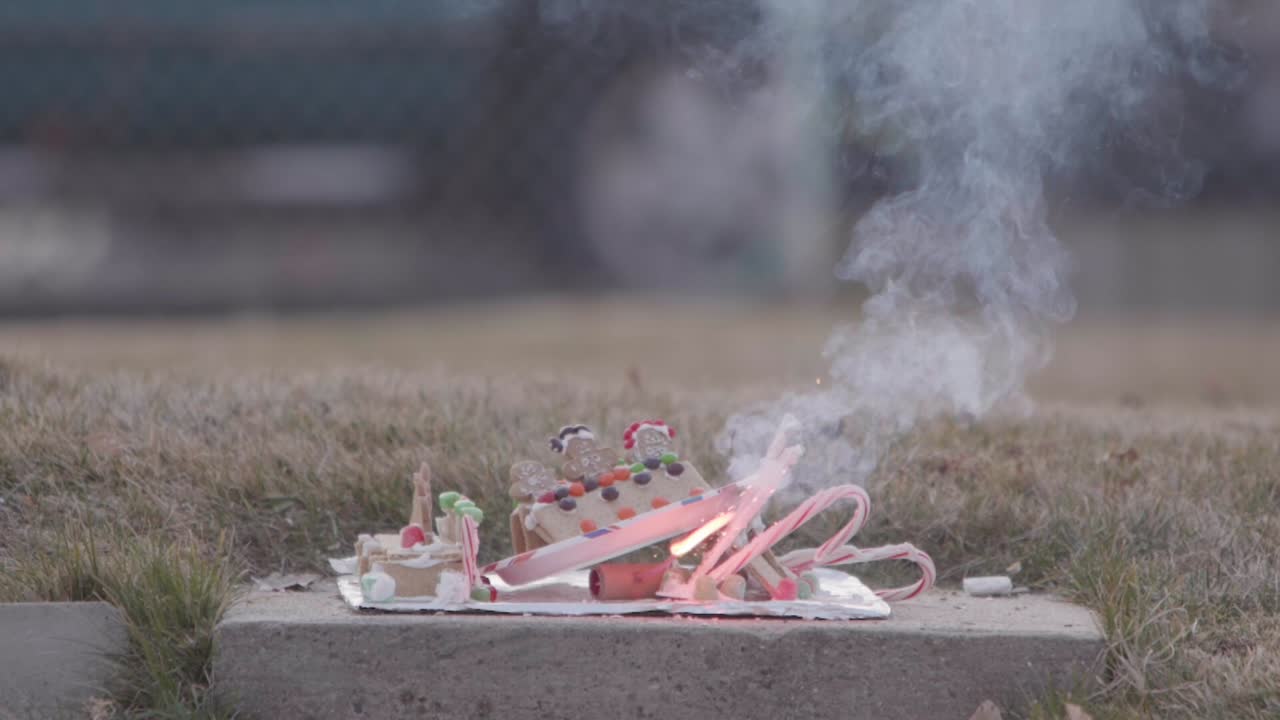 A Christmas ginger bread and graham cracker decoration has a large fire cracker or M 80 being lit on it by a flame from a blow torch