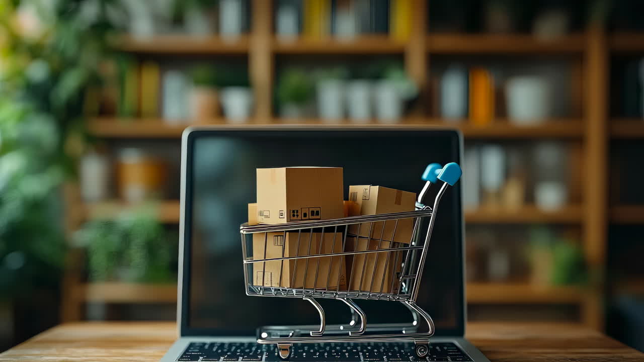 Online shopping cart with boxes on laptop screen in home office setting during daytime