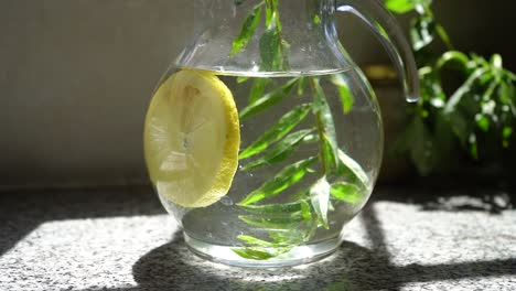 pitcher of water with slice of lemon and burrito in sunlight