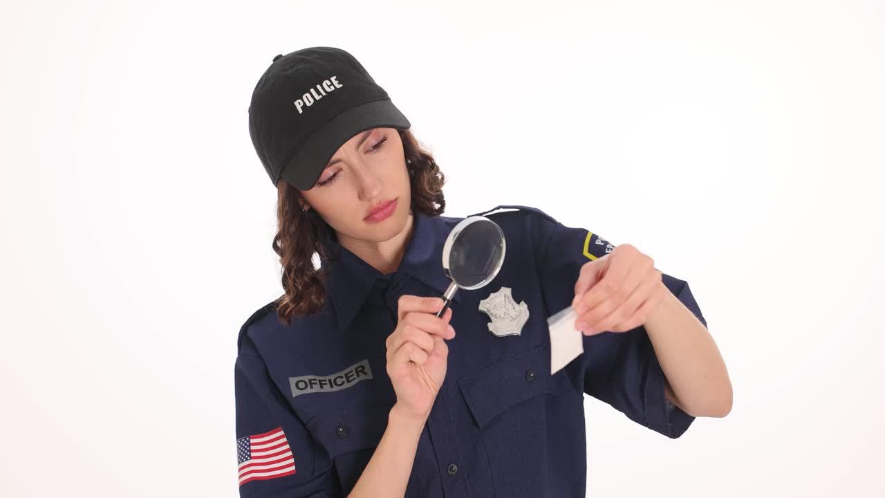 A female police officer examines a bag of white powder with a magnifying glass