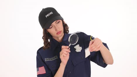 a female police officer examines a bag of white powder with a magnifying glass