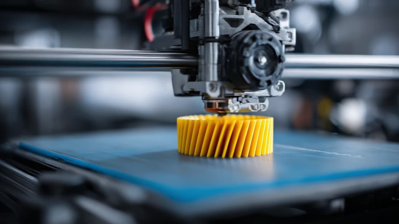 The Intricate Process of 3D Printing: Capturing the First and Last Frames of a Yellow Gear Being Fabricated by an Advanced 3D Printer in Action