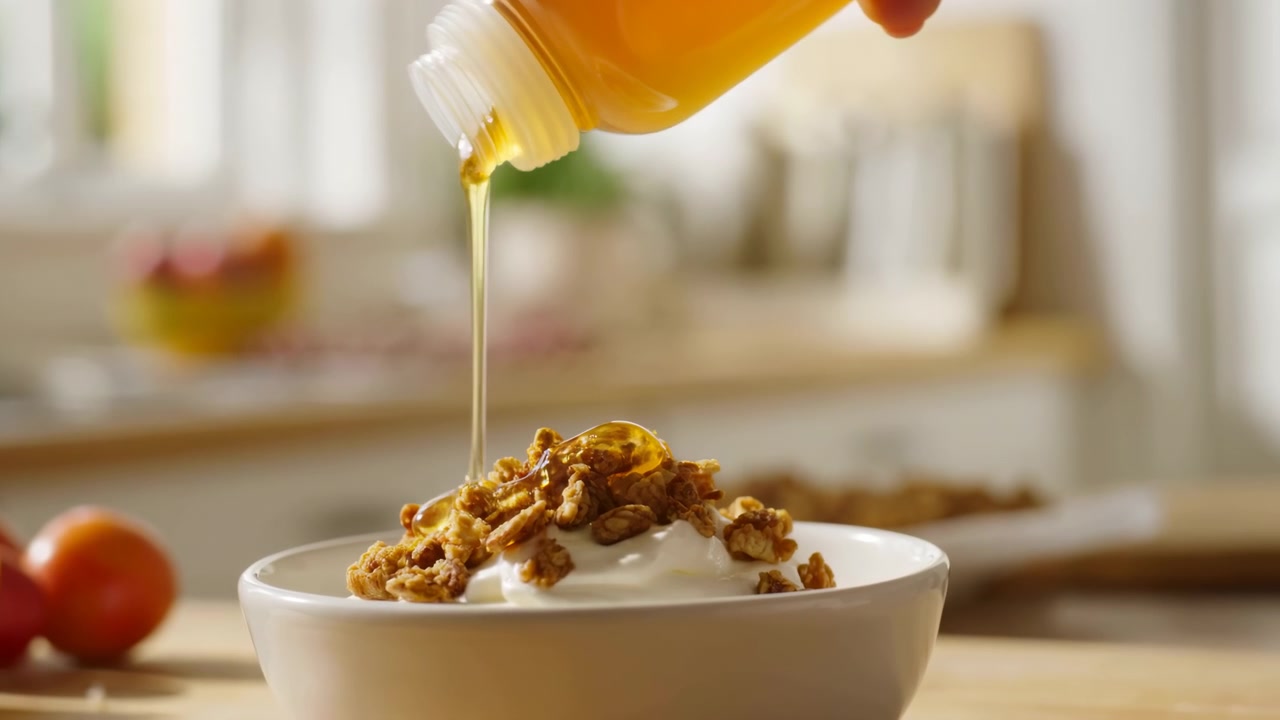 Amber honey flowing in smooth stream from squeeze bottle onto granola topped yogurt in white ceramic bowl on kitchen counter, with soft natural light and fruit bowl creating warm breakfast mood
