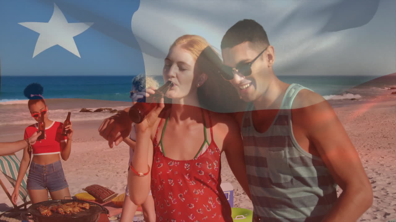 Beach barbecue with drinks, young people socializing under waving flag animation