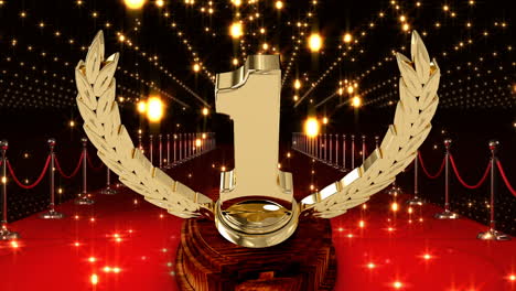 animation of first place award trophy at floodlit, red carpet winners' prize giving ceremony