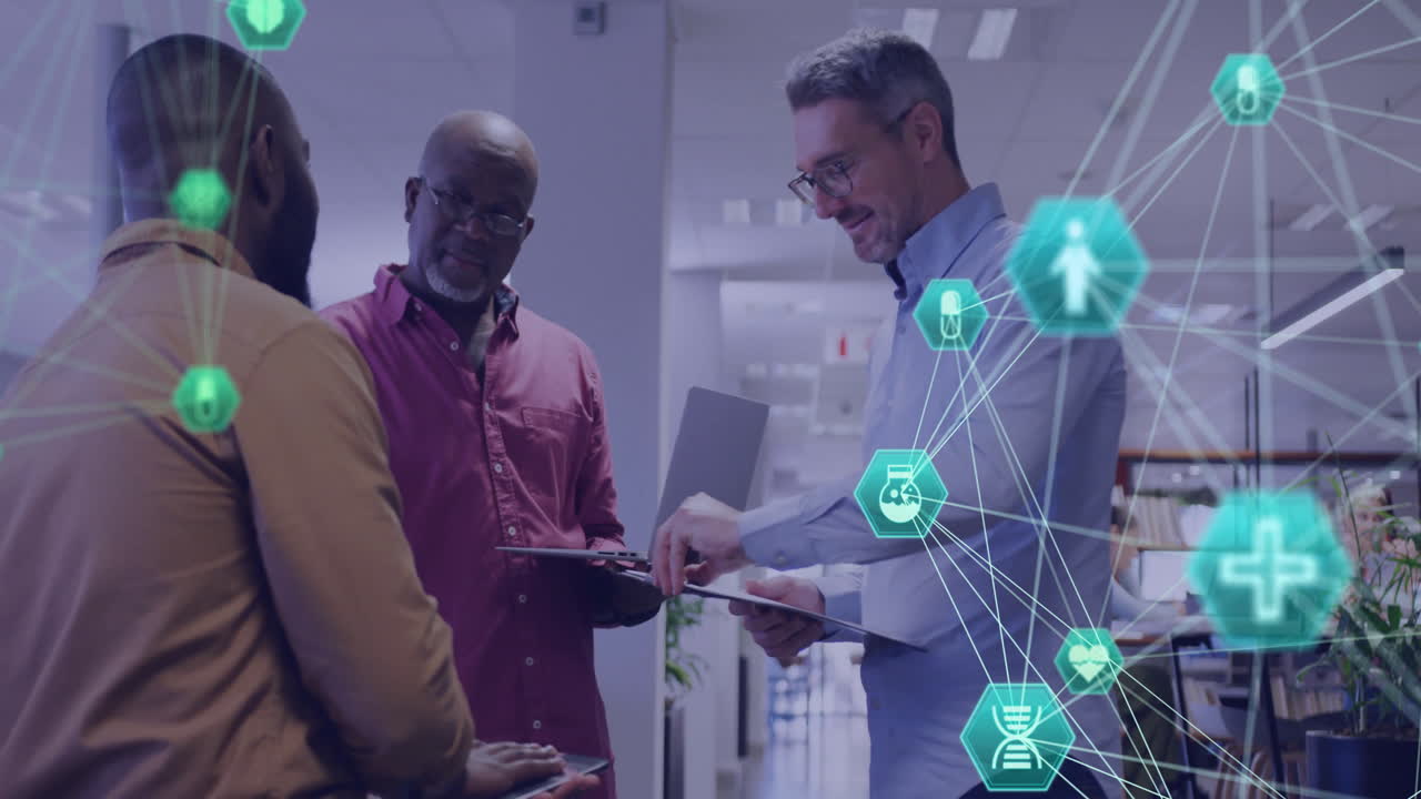 Animation of medical and communication networks over diverse male colleagues talking at office