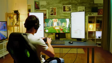 professional gamer using joystick during a shooter championship